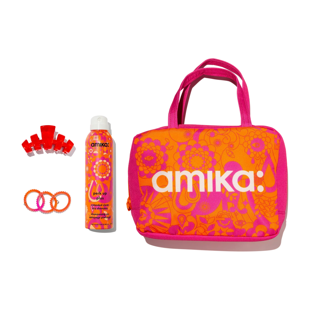 amika x TELETIES necessities set 3 pc hair ties, clip, essentials bag + perk up plus